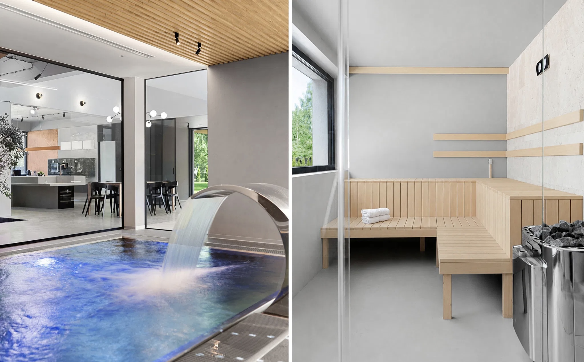 Spa pool with waterfall feature beside a glass-walled sauna