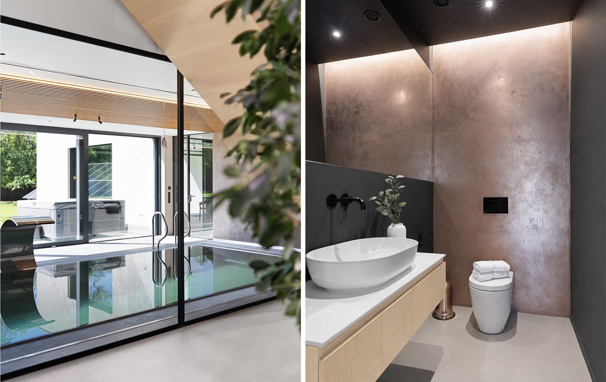 Indoor pool beside glass doors opening to a hot tub and garden